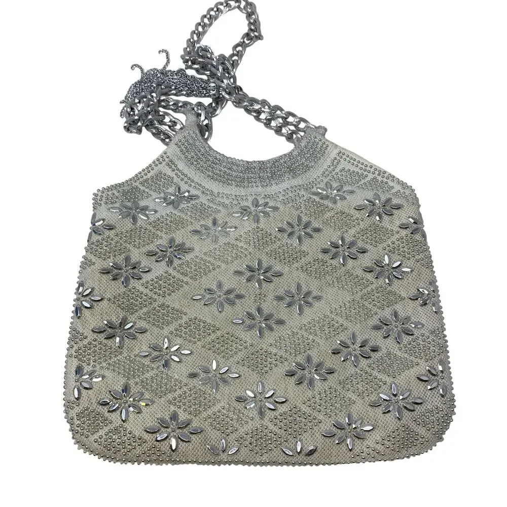Vintage Y2K White Beaded Rhinestone Evening Bag Silver Chain Bridal Purse Glam
